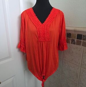 Orange Boho Vneck Crochet Detial Tie Knot Short Sleeve Boho Top Size Large